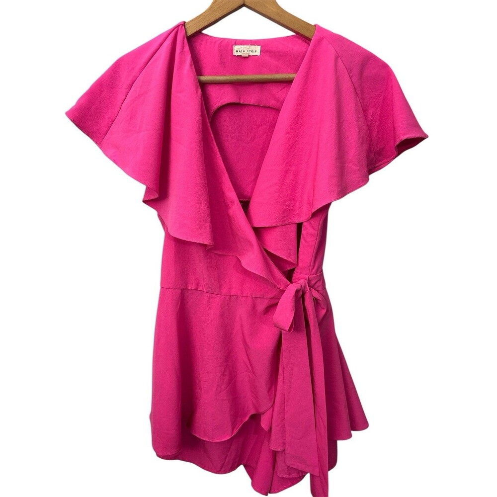 Main Strip Pink Flutter Sleeve Ruffle Wrap Dress Med Open Back Mini Hot Pink